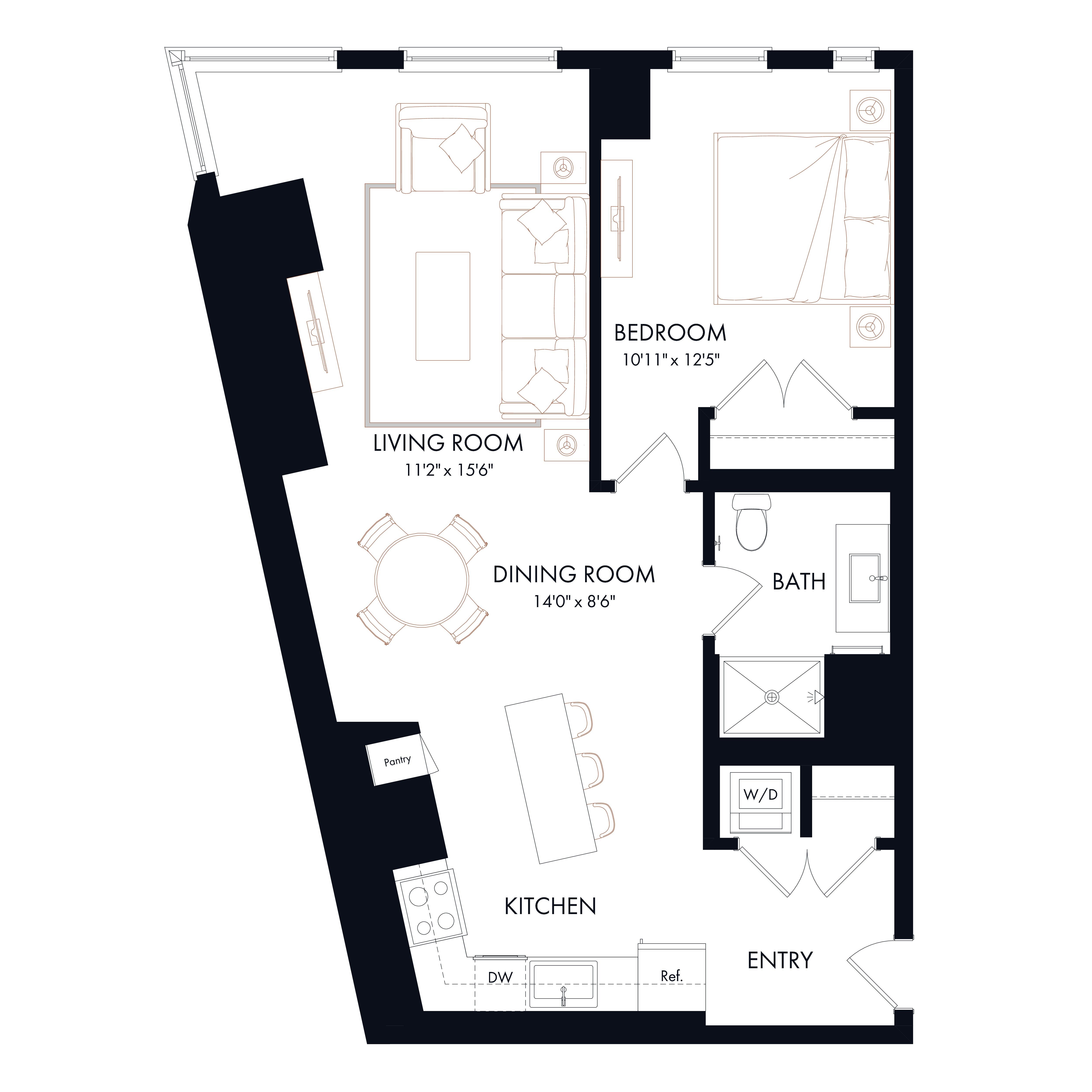 Floor plan layout diagram for A1 | 1 Bed | 1 Bath
